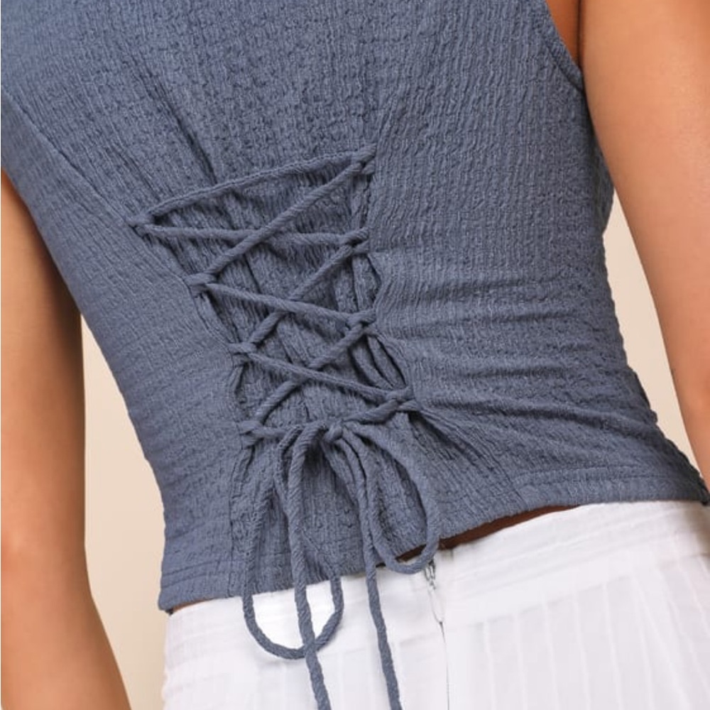 True Charm Dark Blue Textured Lace-Up Sleeveless Vest Top Large NWT - Picture 4 of 6